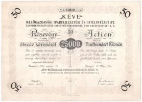 Budapest 1924. KÉVE Mezőgazdasági Iparfejlesztési és Hitelintézet Rt. 50 részvénye egyben, összesen 25.000K-ról, szelvényekkel és szárazpecséttel T:III