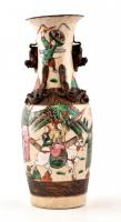 Szacuma jellegű kínai váza. Kézzel festett, repesztett mázas kerámia, réz rátétekkel. Jelzett. / Vintage style Chinese ceramic vase. Hand painted marked, with copper onlays m: 30 cm