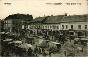 Versec, Werschetz, Vrsac; Ferenc József tér, piac, Herig György, Michael Bosnyacsk üzlete / market, square, shops