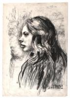 Élesdy István (1912-1987): Hosszúhajú lány portréja, 1971. Szén, papír, jelzett. Lap jobb alsó sarkában kisebb hiánnyal. 45,5×30,5 cm