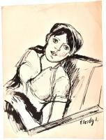 Élesdy István (1912-1987): Ülő hölgy. Tus, papír, jelzett. Lap jobb felső sarkában törésnyommal. 48x36 cm