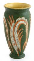 Gorka Lívia (1925-2011): Zöld, narancs, fehér halas váza. festett mázas kerámia, jelzett, kis mázrepedéssel / Livia Gorka (1925-2011): Vase with fish. Hand painted ceramic with small crack on glaze m: 21 cm.