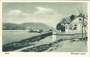 Szob, Duna-parti részlet, kikötő, gőzhajó, úszó vízi hajómalom (vízimalom) / Danube with floating watermill (boat mill)