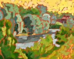 Mártonfi Benke Márta (1958-): Nyári Köröspart, 2017. Olaj, farost, jelzett. Hátoldalán autográf feli...