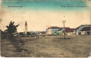 1919 Nyárádszereda, Miercurea Nirajului; Fő tér, hetivásár, piaci árusok, üzletek, templom. Csergőffy József kiadása / main square, market vendors, shops, church (gyűrődés / crease)