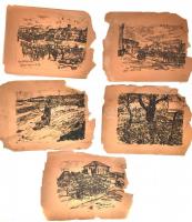 Pór Bertalan (1880-1964): Harctéri sorozatok, 5 db mű. Litográfia, papír, jelzett. Mindegyik erősen megviselt, sérült, részben hiányos állapotban! 26,5×34 cm