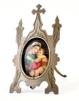 Régebbi fém fényképtartó porcelánra nyomtatott szentképpel, porcelán hátlapján kétjegyű szám, m: 9,5 cm