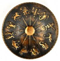 réz tálka, a 12 csillagjeggyel plasztikusan díszített, három lábon álló, d: 14 cm, m: 3 cm/  Copper plate with the signs of the zodiac,