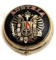 Gyógyszeres doboz osztrák birodalmi címerrel, közötte tartományként a magyar címerrel, zománc. / Austrian empire coat of arms with Hungarian coa. pill box d:5 cm