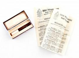 cca 1930-35 Neoiacol liquid gyógyszeres doboz ampullával, magyar és olasz nyelvű leírással, főraktár: Oktogon gyógyszertár, h: 8 cm