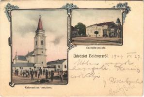 1909 Belényes, Beius; Református templom, Csordás palota, Tóth Andor üzlete. Wagner Vilmos fényképész / Calvinist church, palace, shop. Art Nouveau, floral