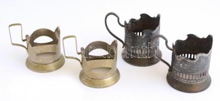 Össz. 4 db díszes szovjet fém teás pohár tartó, 2 db m: 10,5 és d: 6,5 cm, másik kettő m: 9,5 cm és d: 6,4 cm