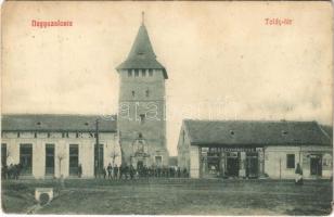 1909 Nagyszalonta, Salonta; Toldy tér, torony, Wessely és Fazekas és Toldi műmalom üzlete, étterem. Patócs János üzlete / square, shops, tower, restaurant (EK)