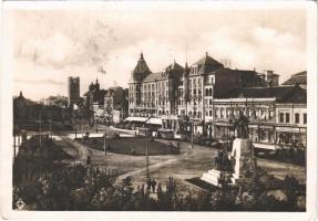 1929 Debrecen, Ferenc József út, villamos, Böhm Ferenc, Frank Rezső üzlete, automobil (EB)