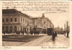 1936 Debrecen, Ferenc József út, Városháza, villamos, üzletek (EB)