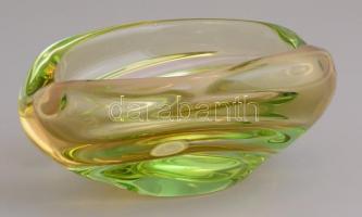 Zöld üveg kínáló, anyagában színezett, címkével jelzett, karcolásokkal, 6x15 cm