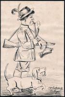 Carl W. Luckscheiter (?-?): Vadász és kutyája, 1931 (humoros, karikatúraszerű rajz). Tus, papír, jelzett. Kartonra kasírozva. Enyhén foltos. 25×17cm.