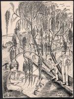 Carl W. Luckscheiter (?-?): Zavarosban halászók, 1931 (groteszk rajz). Tus, papír, jelzett. Enyhén foltos. 29,5×22 cm.