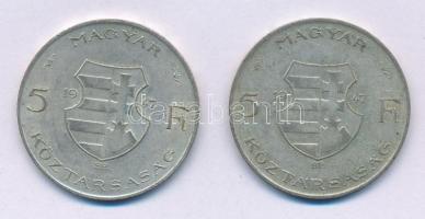 1947. 5Ft Ag "Kossuth" (2x) T:2-,3 patina
Adamo F8.1