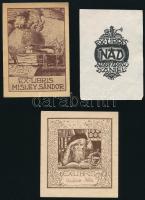 3 db ex-libris. Nagy Árpád (1894-1959), Vadász Béla, Misley Sándor. Klf. technikák, papír, jelzett. 8,5x6 cm és 9x6 cm közötti méretben.
