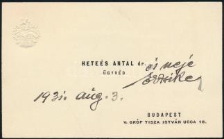 Galgóci dr. Heteés (Hirschfeld) Antal (1864-1941) jogász, minisztériumi hivatalnok, ügyvéd, a Terézvárosi Casino háznagya dombornyomott címeres névjegykártyája, hátoldalán kézzel írt sorokkal. Heteés az MTK történetének harmadik elnöke (1899-1903). Heteés Antal nevéhez fűződik a labdarúgó szakosztály megalakítása.