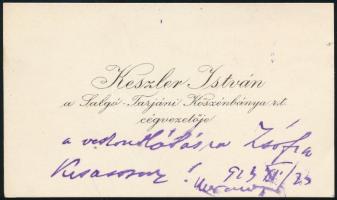 1923 Keszler István, a Salgó-Tarjáni (Salgótarjáni) Kőszénbánya r.t. cégvezetőjének névjegykártyája, rajta üdvözlő sorokkal