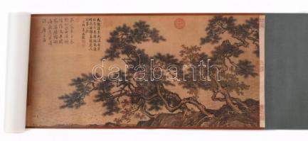 Remeterák horgászok egy hegyi folyón, tekercskép, modern nyomat Tang Yin munkája után, eredeti dobozában, kínai és angol nyelvi ismertetővel, 29,4x351 cm