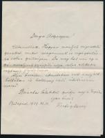1939.XI.12 Kertész Manó, született Kohn (1881- 1942) magyar finnugrista, nyelvész autográf kondoleáló levele Gerő Ödönné, Gerő Ödön (1863-1939) műkritikus özvegyének, amelyben atyai barátjának nevezi az elhunytat. Egy beírt oldal, Kertész Manó autográf aláírásával, eredeti borítékban