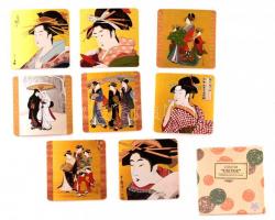 Coaster Ukiyoe 8 db japán kép kartonlapon, egyiken kis kopás, eredeti dobozban, 9,5x9,5 cm