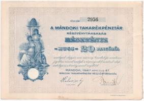 Mándok 1927. "Mándoki Takarékpénztár Részvénytársaság" részvénye 20P-ről, szelvényekkel és...