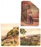 3 db régi akvarell (2 db tájkép, hölgy a kastélylépcsőnél), jelzés nélkül, papír, az egyik sérült, hiányos, 25x18 cm és 20x17 cm közötti méretben