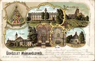 Máriavölgy, townview, church, castle, chapel, fountain litho