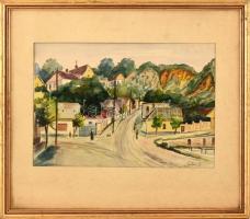 Szőnyi I. jelzéssel: Utcán. Akvarell, papír. Üvegezett fa keretben. 20,5x30 cm.