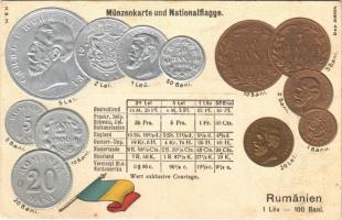 Rumänien. Münzenkarte und Nationalflagge. Lei, Bani / set of Romanian coins, national flag, golden and silver Emb. litho (wet damage)