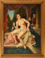 Gács L jelzéssel: Zsuzsanna és a vének. Olaj, vászon, apró felületi sérülésekkel. Kissé sérült fa ke...