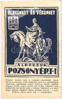 Pozsony, Pressburg, Bratislava; Életünket és vérünket áldozzuk Pozsonyért! irredenta képeslap a lerombolt Mária Terézia szoborral / Hungarian irredenta postcard about the destruction of the Maria Theresia statue