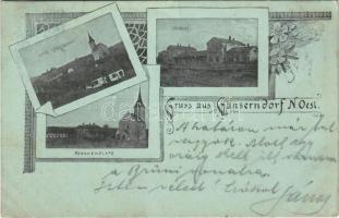 1900 Gänserndorf, Unter Gänserndorf, Bahnhof, Kircheplatz / general view, church, square, railway station. Art Nouveau, floral (tear)