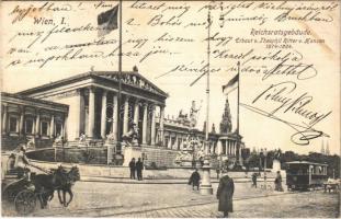 1908 Wien, Vienna, Bécs; Reichsratsgebäude / parliament building, street view, tram, flags (fl)