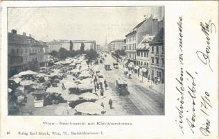 1899 Wien, Vienna, Bécs; Naschmarkt mit Kärntnerstrasse / street view, market vendors, horse-drawn tram, hotel. Verlag Emil Storch (fl)