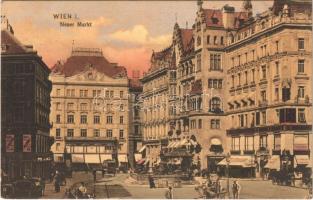 1907 Wien, Vienna, Bécs; Neuer Markt / market vendors, shops, café, tram (EK)