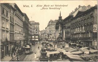 1907 Wien, Vienna, Bécs; Hoher Markt mit Votivdenkmal Maria Vermählung / market vendors, shops, pharmacy, tram with Schicht soap advertisement (EK)