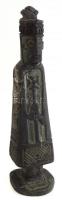 Faragott kő figurális szobrocska, kezében kereszt végű pálcával, sérült, m: 17 cm