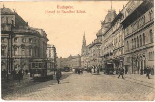 Budapest VIII. József és Erzsébet körút, villamosok, Hotel Rémi szálloda, M. Kir. Technológiai és iparmúzeum. Taussig A.
