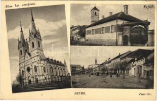 1943 Ditró, Gyergyóditró, Ditrau; Római katolikus templom, Paplak, Piactér / Catholic church, rectory, market (EK)