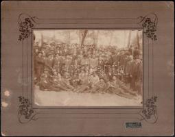 1918. június 23. Szolnok, a MÁV műhely sztrájkja alkalmával készült csoportkép, feliratozott vintage fotó, Albrecht fényképész nevével jelzett, 12,3x17,5 cm, karton 21,9x28 cm