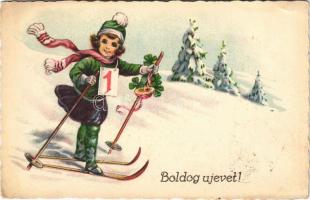 1937 Boldog Újévet! / New Year greeting art postcard, girl with ski, winter sport (EK)
