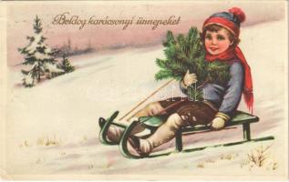 1936 Boldog karácsonyi ünnepeket! / Christmas greeting art postcard, winter sport, sled. L&P 2139. (EK)