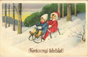 Karácsonyi üdvözlet / Christmas greeting art postcard, winter sport, sled. L&P 8838. (EB)