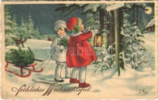 1933 Fröhliches Weihnachtsfest / Christmas greeting art postcard with girls and sled, winter sport (EK)