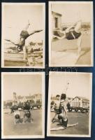 1928 Berlin, Luna park, magyar lányok és fiúk mozgásművészeti attrakciója a strandon, a képek magyarul feliratozva, 4 db vintage fotó, 6,8x4,5 cm